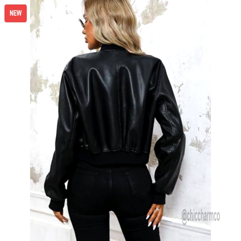 Faux Leather Varsity Bomber Jacket, Biker Style, Zipper Closure, Side Pockets - Picture 6 of 6